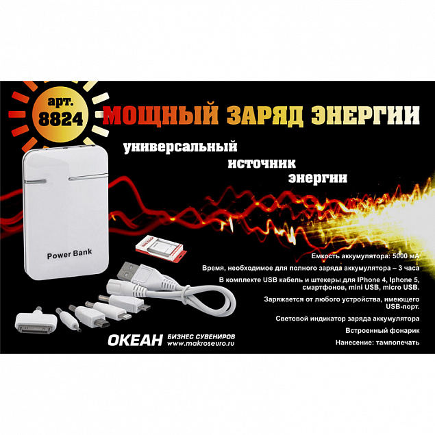 Зарядное устройство "Кругосветка", 5000 mAh, белый с логотипом в Волгограде заказать по выгодной цене в кибермаркете AvroraStore