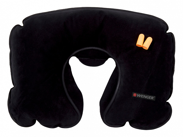 Подушка для самолёта WENGER, надувная, чёрная, флис, беруши в комплекте с логотипом в Волгограде заказать по выгодной цене в кибермаркете AvroraStore