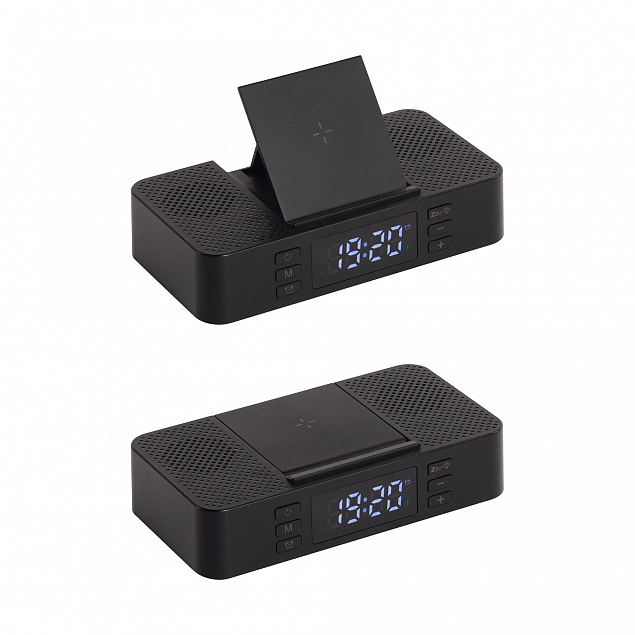 Настольные часы "Smart Box" с bluetooth колонкой (2х3Вт), беспроводным (15W) зарядным устройством и складной подставкой под смартфон с логотипом в Волгограде заказать по выгодной цене в кибермаркете AvroraStore