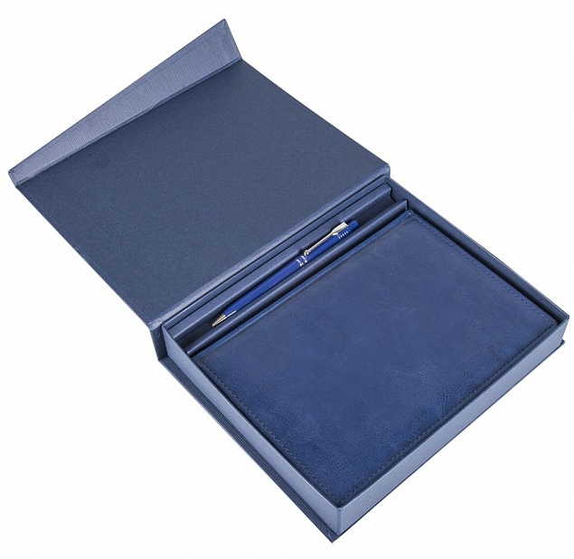 Коробка Duo под ежедневник и ручку, синяя с логотипом в Волгограде заказать по выгодной цене в кибермаркете AvroraStore
