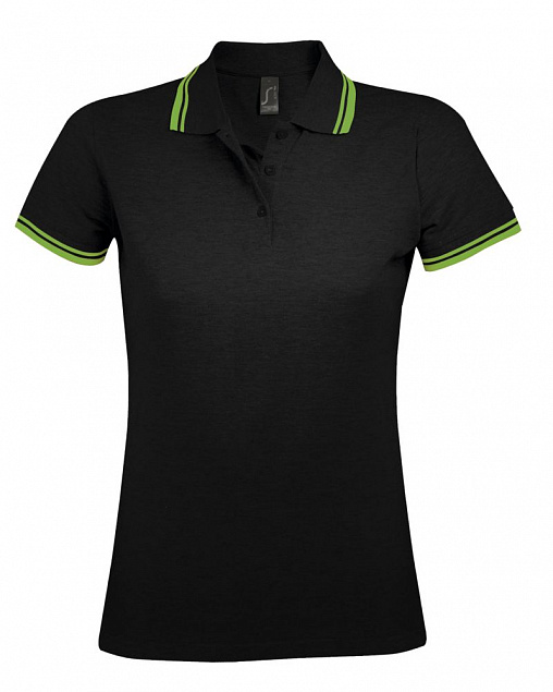 Рубашка поло женская PASADENA WOMEN 200 с контрастной отделкой, черная с зеленым с логотипом в Волгограде заказать по выгодной цене в кибермаркете AvroraStore