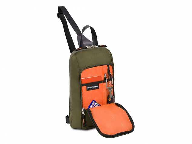 Рюкзак SWISSGEAR с одним плечевым ремнем, зеленый/оранжевый, полиэстер рип-стоп, 18 x 5 x 33 см, 4 л с логотипом в Волгограде заказать по выгодной цене в кибермаркете AvroraStore