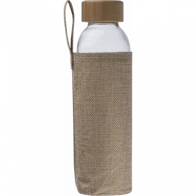 Стеклянная бутылка с бамбуковой крышкой в джутовом чехле с логотипом в Волгограде заказать по выгодной цене в кибермаркете AvroraStore