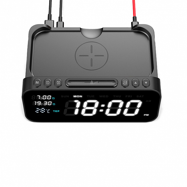Настольные часы 6в1 с беспроводной зарядкой 10W, Orion, черный цвет с логотипом в Волгограде заказать по выгодной цене в кибермаркете AvroraStore