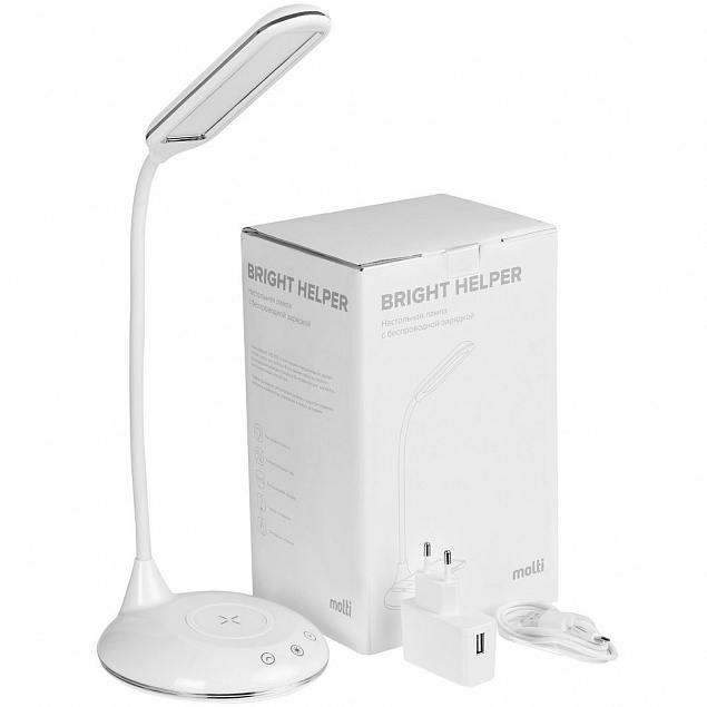 Лампа с беспроводной зарядкой Bright Helper, белая с логотипом в Волгограде заказать по выгодной цене в кибермаркете AvroraStore