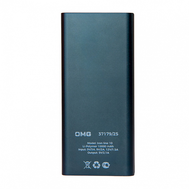 Универсальный аккумулятор OMG Iron line 10 (10000 мАч), металл, синий, 14,7х6.6х1,5 см с логотипом в Волгограде заказать по выгодной цене в кибермаркете AvroraStore