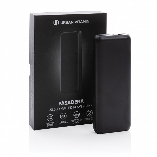 Внешний аккумулятор Urban Vitamin Pasadena с быстрой зарядкой PD, 18 Вт, 20000 мАч с логотипом в Волгограде заказать по выгодной цене в кибермаркете AvroraStore