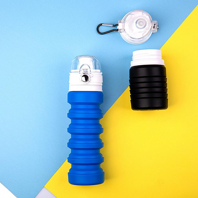 Бутылка для воды складная с карабином SPRING; синяя, 550/250 мл, силикон с логотипом в Волгограде заказать по выгодной цене в кибермаркете AvroraStore
