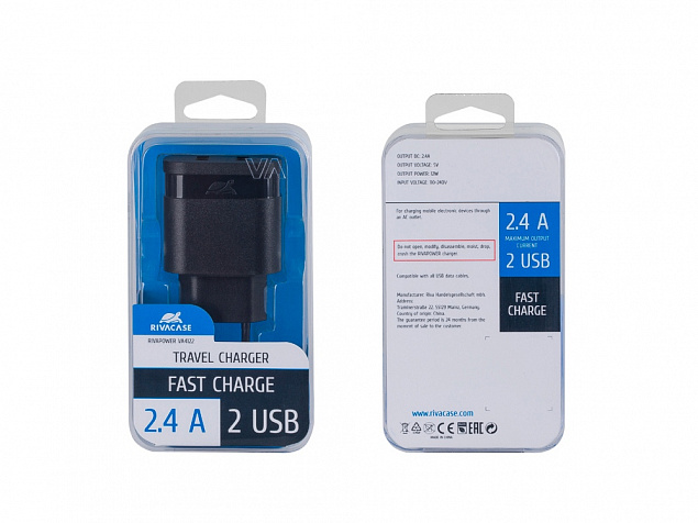 Сетевое зарядное устройство, 2 USB/2.4 A с логотипом в Волгограде заказать по выгодной цене в кибермаркете AvroraStore