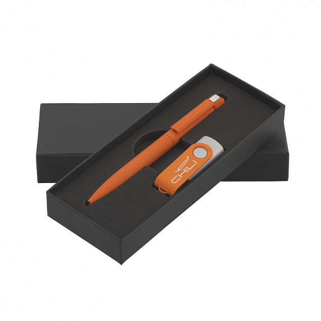 Набор ручка + флеш-карта 16 Гб в футляре, оранжевый, покрытие soft touch с логотипом в Волгограде заказать по выгодной цене в кибермаркете AvroraStore