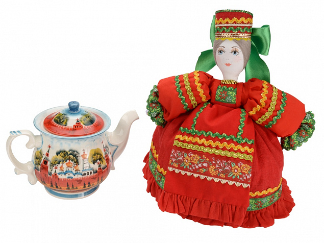 Подарочный набор Кремлевский: кукла на чайник, чайник заварной с росписью с логотипом в Волгограде заказать по выгодной цене в кибермаркете AvroraStore