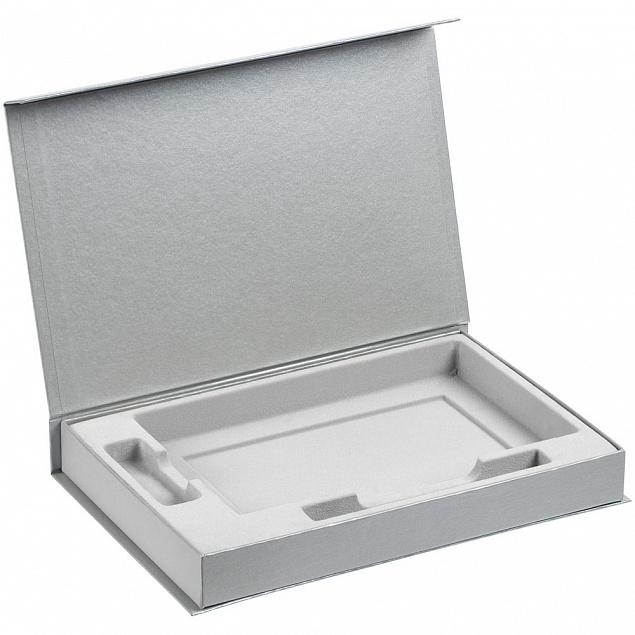 Коробка Silk с ложементом под ежедневник, флешку и ручку, серебристая с логотипом в Волгограде заказать по выгодной цене в кибермаркете AvroraStore