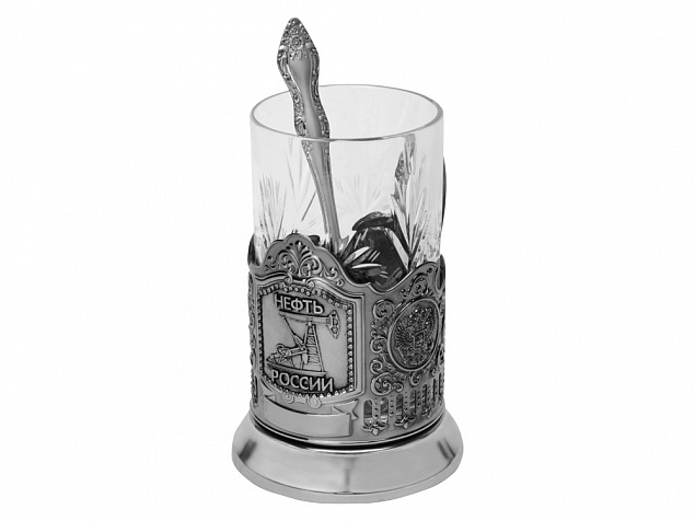 Подстаканник с хрустальным стаканом и ложкой Нефтяной, серебристый/прозрачный с логотипом в Волгограде заказать по выгодной цене в кибермаркете AvroraStore