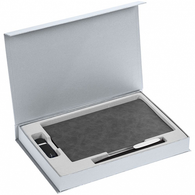 Коробка Silk с ложементом под ежедневник, флешку и ручку, серебристая с логотипом в Волгограде заказать по выгодной цене в кибермаркете AvroraStore