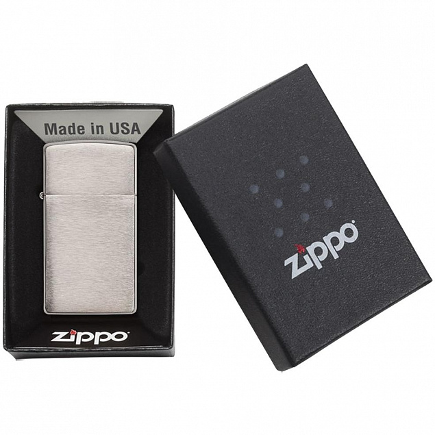 Зажигалка Zippo Slim Brushed, матовая серебристая с логотипом в Волгограде заказать по выгодной цене в кибермаркете AvroraStore
