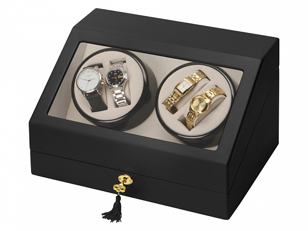 Шкатулка для часов с автоподзаводом Люцерн, черный матовый с логотипом в Волгограде заказать по выгодной цене в кибермаркете AvroraStore
