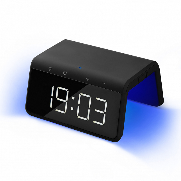 Настольные часы с беспроводной зарядкой 15W, Flame, черный цвет с логотипом в Волгограде заказать по выгодной цене в кибермаркете AvroraStore