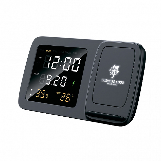 Настольные часы "Smart Screen" с беспроводным (15W) зарядным устройством, гигрометром, термометром, календарём, с подсветкой логотипа с логотипом в Волгограде заказать по выгодной цене в кибермаркете AvroraStore