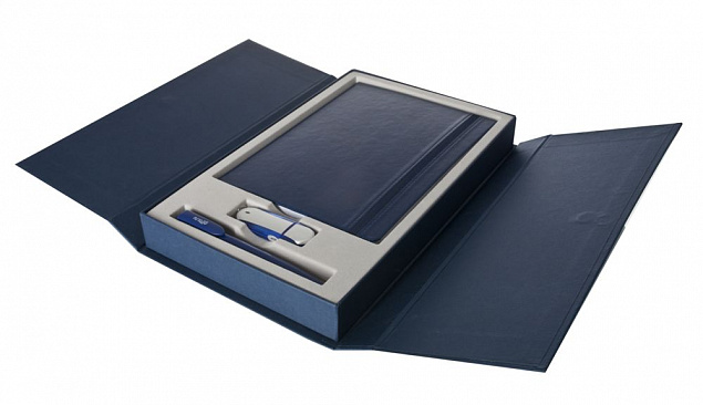 Коробка Three Part под ежедневник, флешку и ручку, синяя с логотипом в Волгограде заказать по выгодной цене в кибермаркете AvroraStore