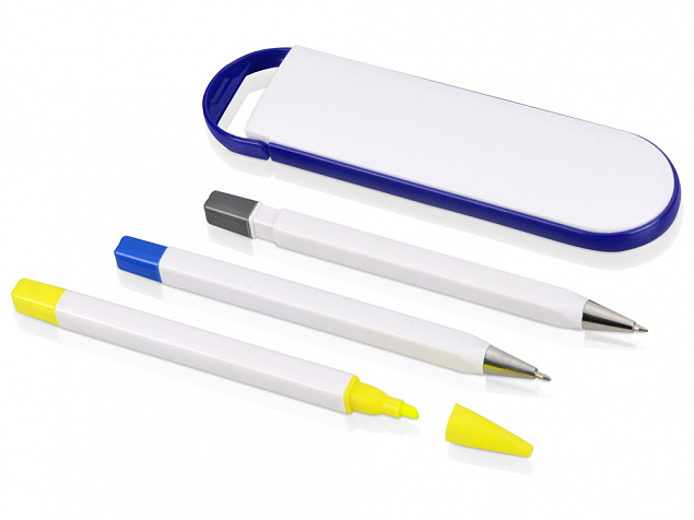 Набор Квартет: ручка шариковая, карандаш и маркер, белый/синий с логотипом в Волгограде заказать по выгодной цене в кибермаркете AvroraStore