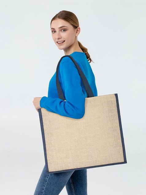 Холщовая сумка для покупок Bagari с синей отделкой с логотипом в Волгограде заказать по выгодной цене в кибермаркете AvroraStore