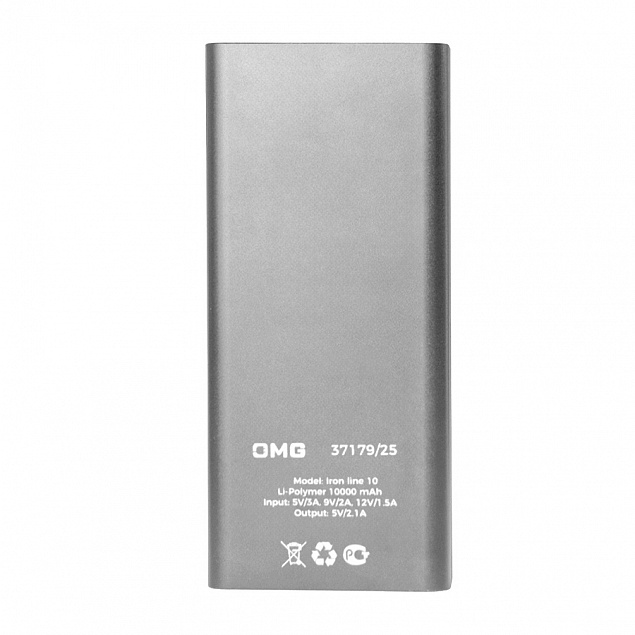 Универсальный аккумулятор OMG Iron line 10 (10000 мАч), металл, серебристый, 14,7х6.6х1,5 см с логотипом в Волгограде заказать по выгодной цене в кибермаркете AvroraStore