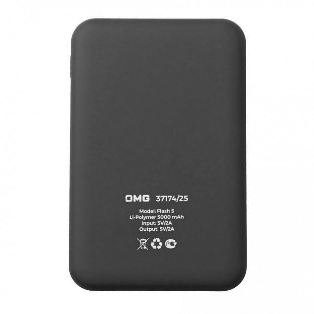 Универсальный аккумулятор OMG Flash 5 (5000 мАч) с подсветкой и soft touch, черный, 9,8х6.3х1,3 см с логотипом в Волгограде заказать по выгодной цене в кибермаркете AvroraStore