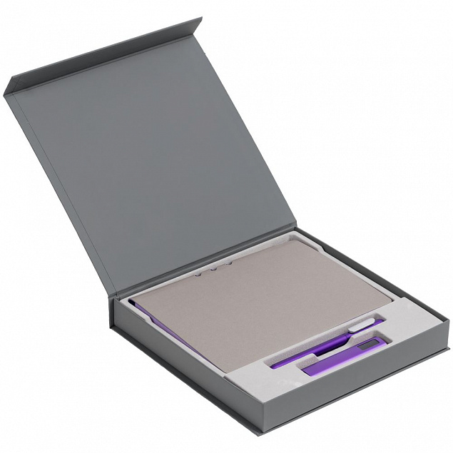Коробка Memoria под ежедневник, аккумулятор и ручку, серая с логотипом в Волгограде заказать по выгодной цене в кибермаркете AvroraStore