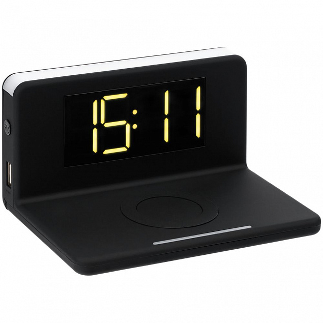Часы настольные с беспроводным зарядным устройством Pitstop, черные с логотипом в Волгограде заказать по выгодной цене в кибермаркете AvroraStore