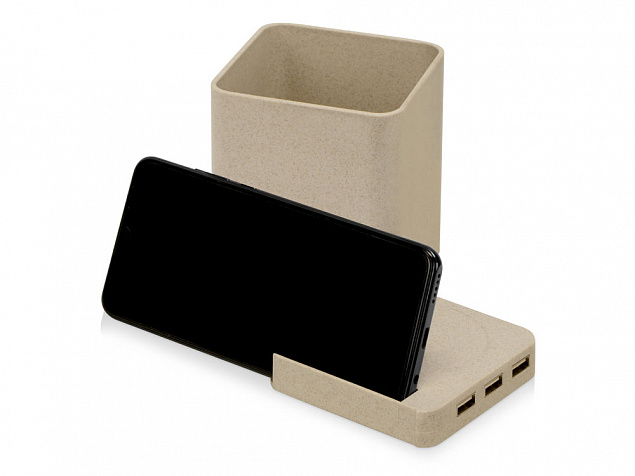 Настольный органайзер Cubic из пшеничного волокна с функцией беспроводной зарядки и выходами USB с логотипом в Волгограде заказать по выгодной цене в кибермаркете AvroraStore