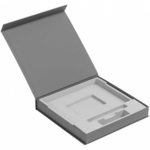 Коробка Memoria под ежедневник, аккумулятор и ручку, серая с логотипом в Волгограде заказать по выгодной цене в кибермаркете AvroraStore