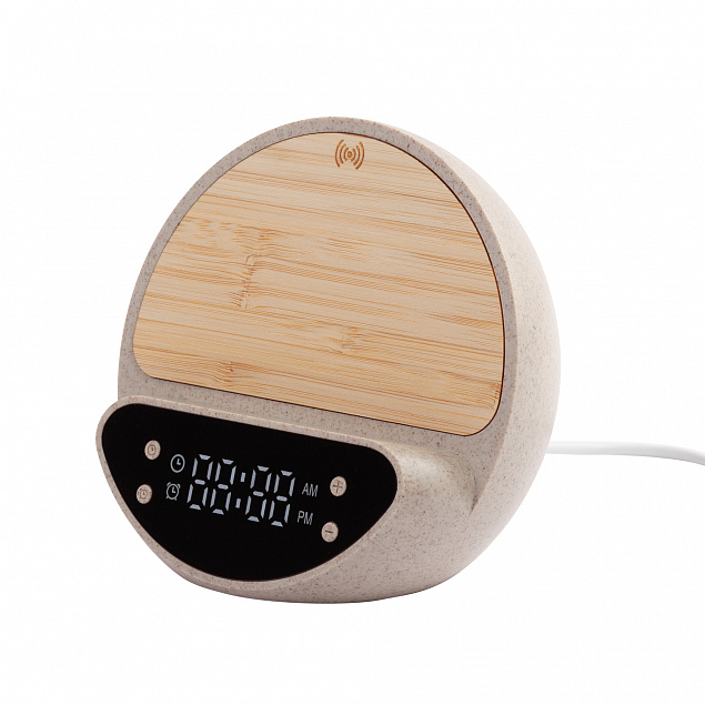 Настольные часы "Smiley" с беспроводным (10W) зарядным устройством и будильником, пшеница/бамбук/пластик с логотипом в Волгограде заказать по выгодной цене в кибермаркете AvroraStore