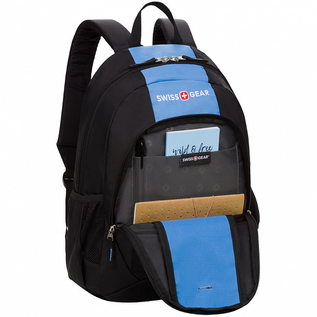 Рюкзак городской Swissgear, черный с голубым с логотипом в Волгограде заказать по выгодной цене в кибермаркете AvroraStore