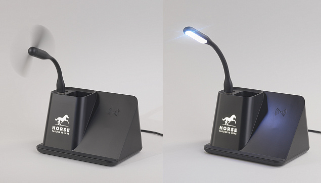 Карандашница "Black Star" с беспроводным (10W) зарядным устройством, вентилятором и лампой, с подсветкой логотипа с логотипом в Волгограде заказать по выгодной цене в кибермаркете AvroraStore