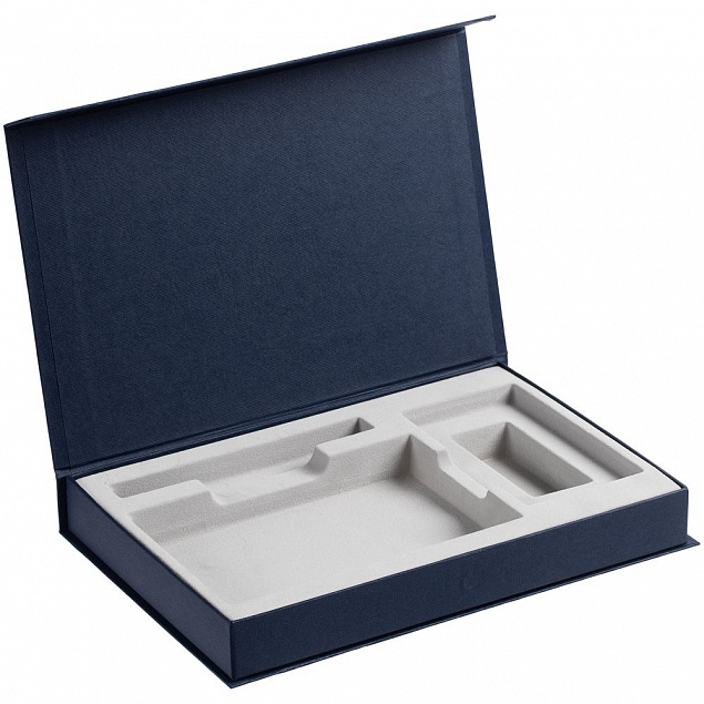 Коробка Silk с ложементом под ежедневник, аккумулятор и ручку, синяя с логотипом в Волгограде заказать по выгодной цене в кибермаркете AvroraStore